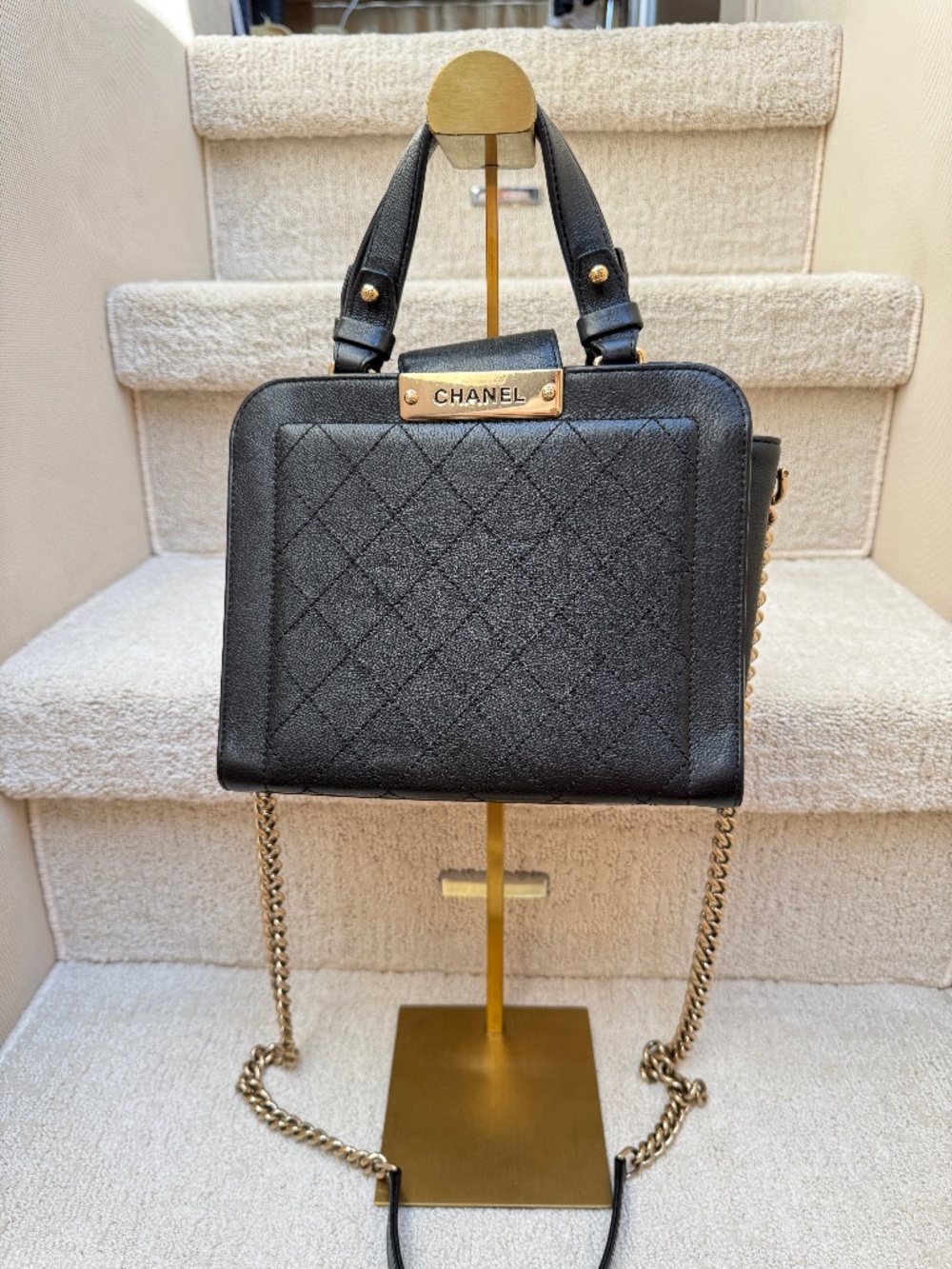 Chanel Grained Calfskin Stitched Label Click Shopper Tote Small and Black